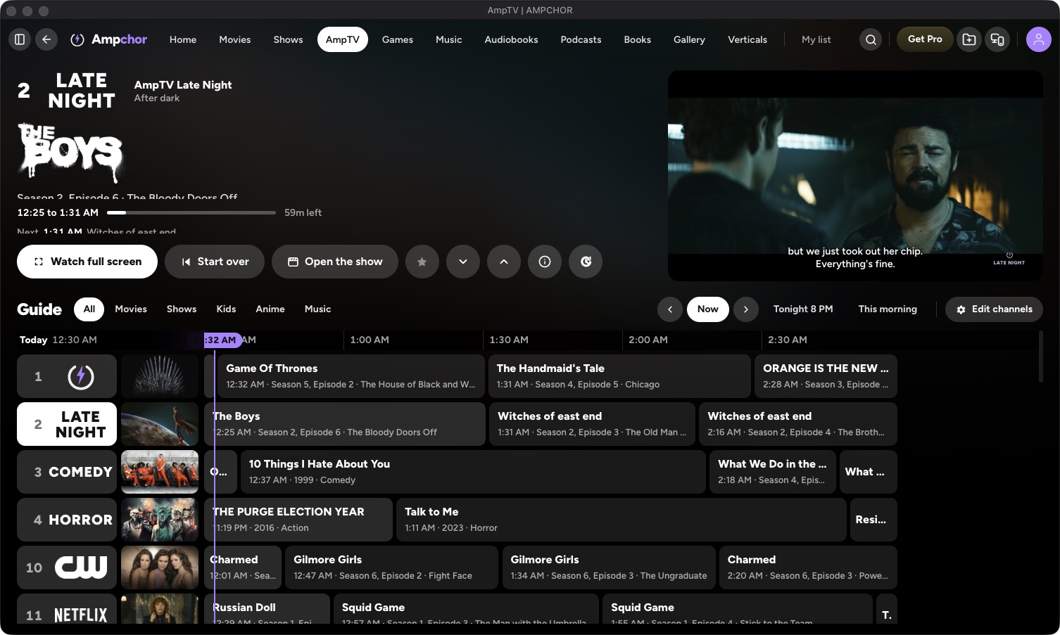 AmpTV on a computer: the channel playing at the top and the guide of what is on