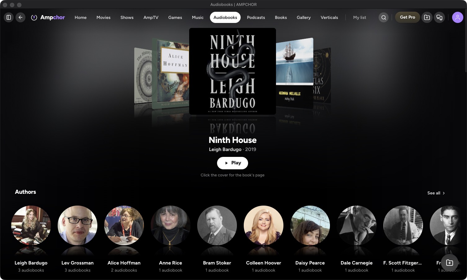 The Audiobooks page on a computer: book covers in a swipe and the authors below