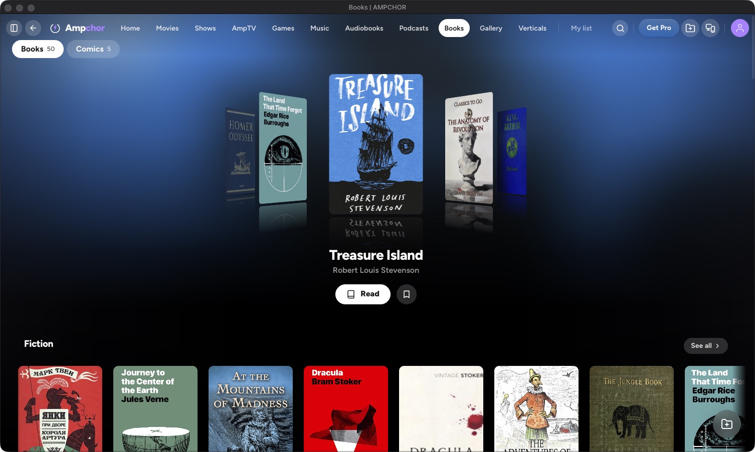 The Books page on a computer: book covers in a swipe, with Books and Comics at the top