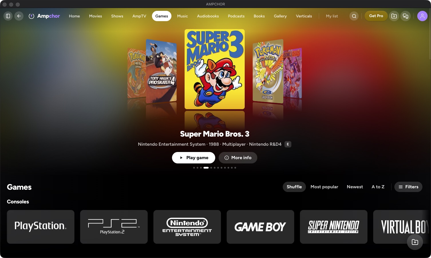 The Games page on a computer: game covers in a swipe and the consoles below