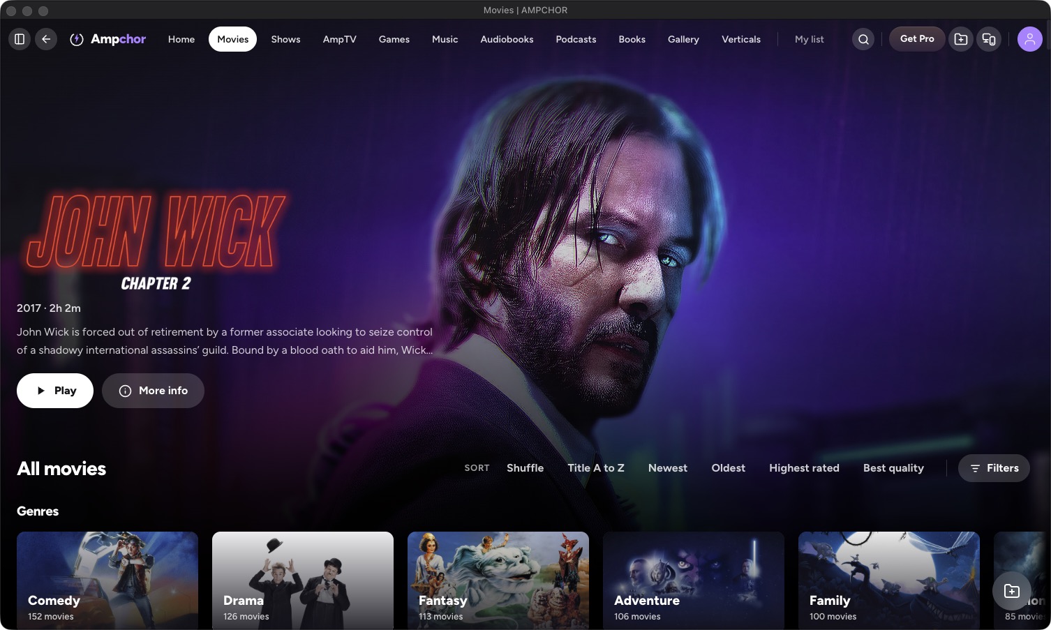 The Movies page on a computer: a featured film across the top, the sort buttons and the genres