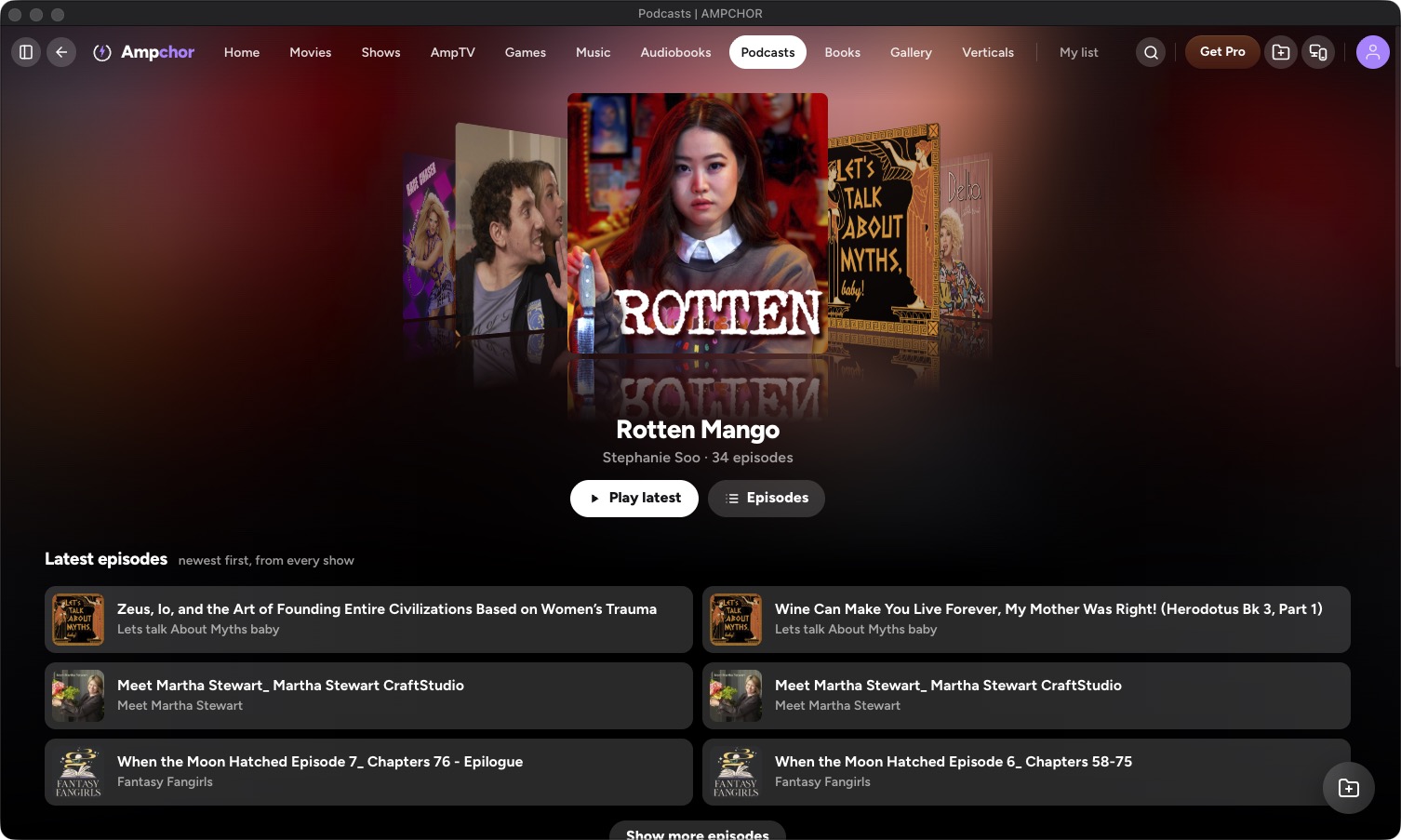 The Podcasts page on a computer: podcast covers in a swipe and the latest episodes