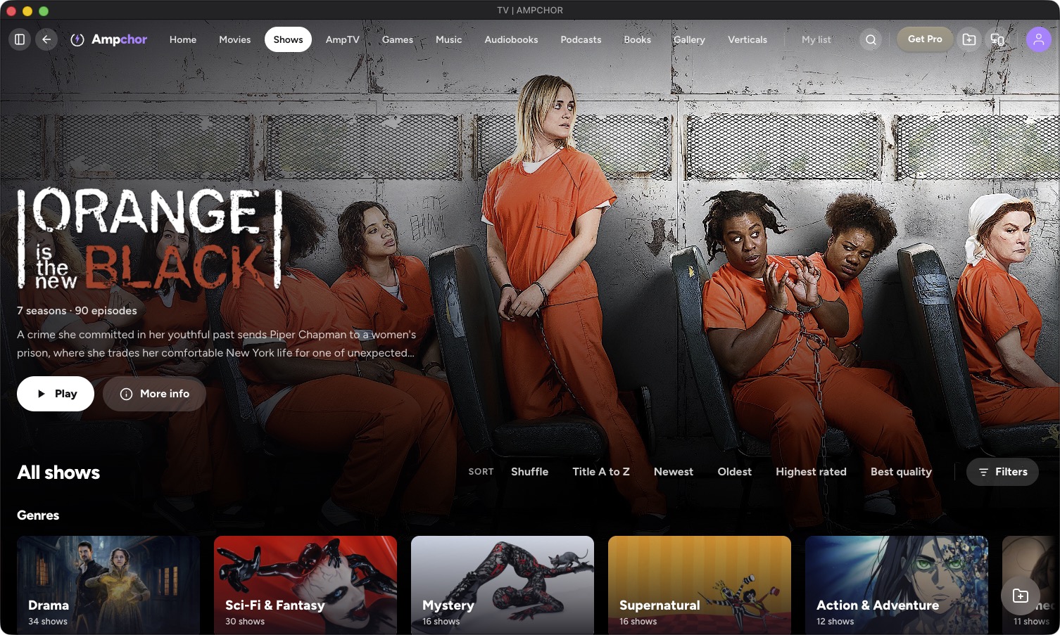 The Shows page on a computer: a featured series across the top, the sort buttons and the genres