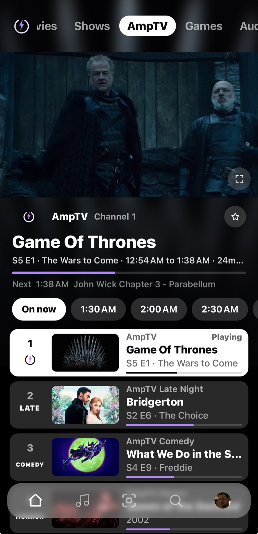 AmpTV on a phone: the channel playing, then the times and the channels
