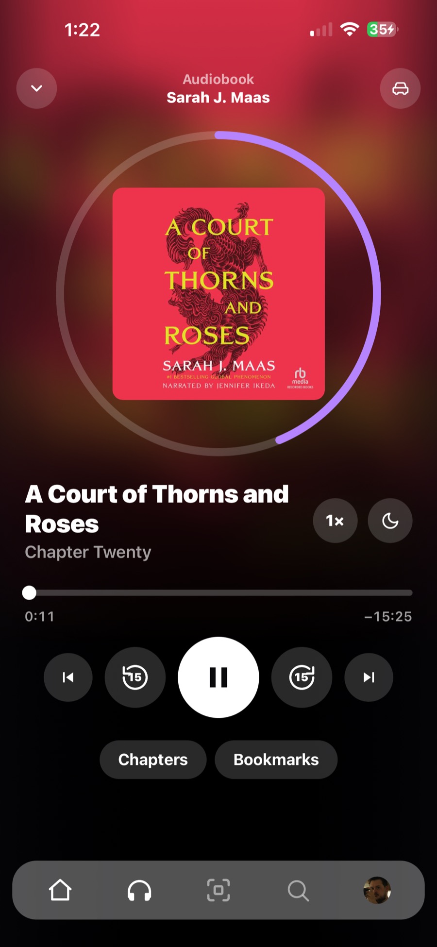 An audiobook playing on a phone, with chapters, bookmarks and the speed