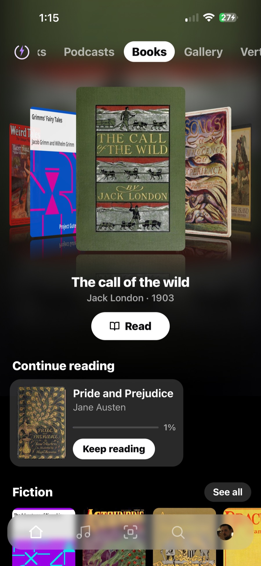 The Books page on a phone: book covers in a swipe and Continue reading