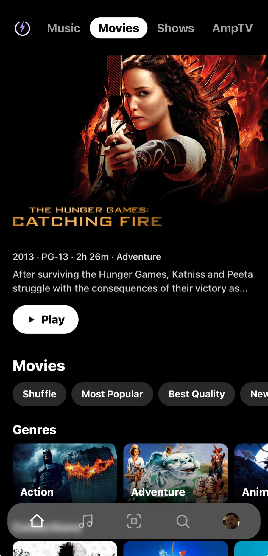 The Movies page on a phone: a featured film with its Play button, then the genres