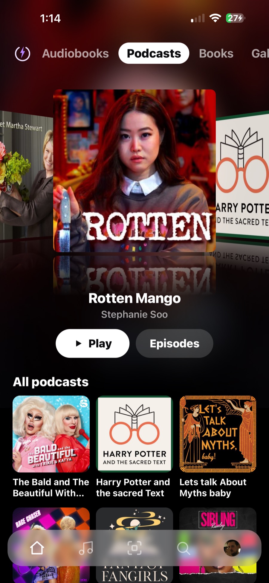 The Podcasts page on a phone: a podcast with its Play and Episodes buttons