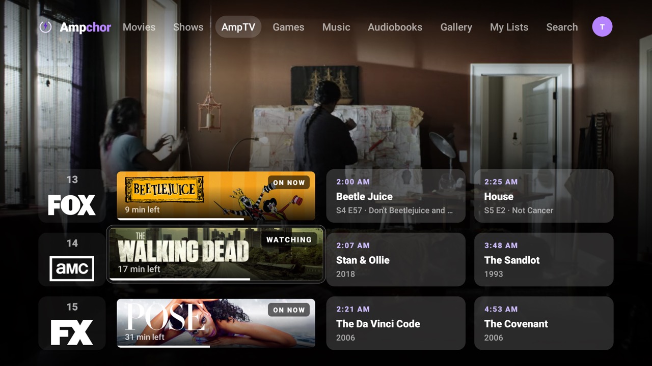 AmpTV on a TV: each channel with what is on now and what comes next