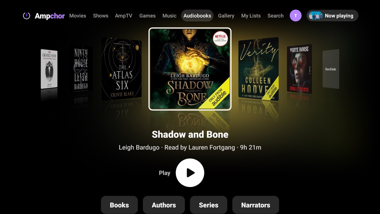 Audiobooks on a TV: book covers in a swipe with a Play button
