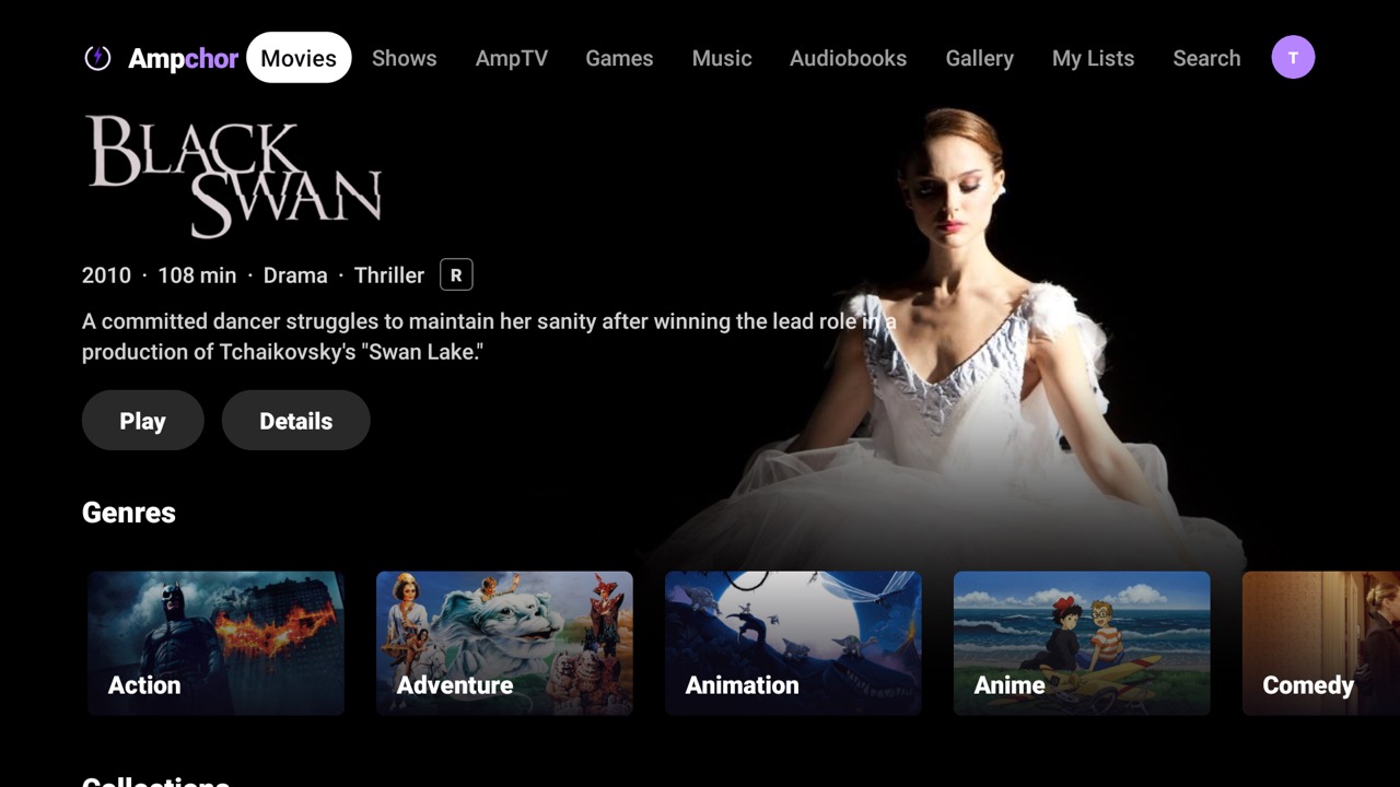 Movies on a TV: a featured film across the screen and a row of genres