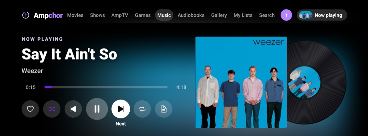 A song playing on a TV: the title, the time, the buttons and the album beside its record
