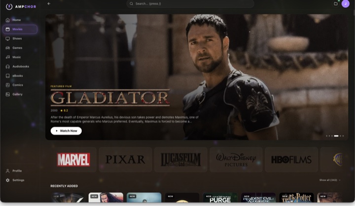 The movie library, with poster art and studios